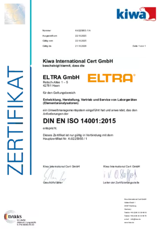 ELTRA DIN EN ISO 14001:2015 Zertifikat