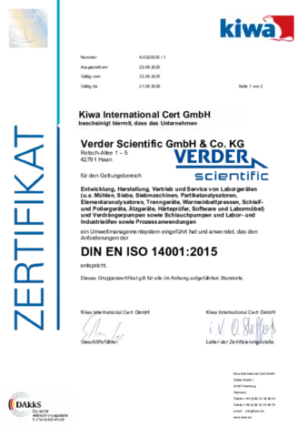 Verder Scientific DIN EN ISO 14001:2015 Certificate